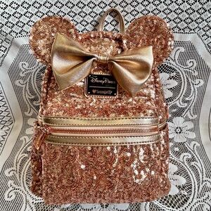 Disney Parks Minnie Mouse Ears Rose Gold Sequin Loungefly Backpack Disney World